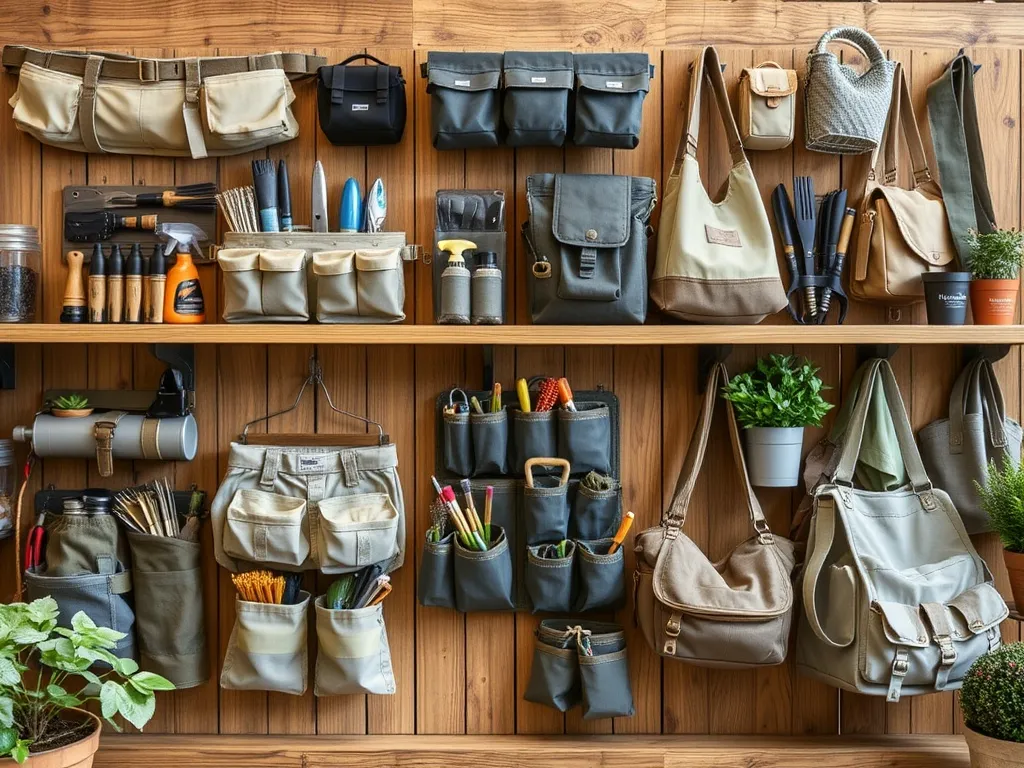 Leather utility apron hanging in a workshop